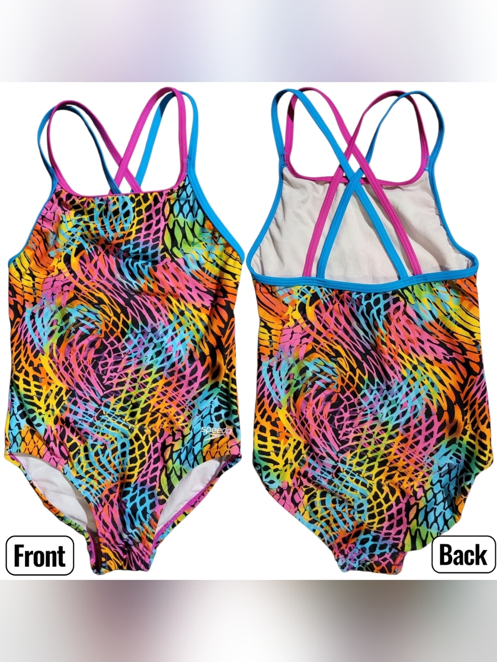 Girls Speedo Rainbow & Black Cross Back Size 8 One Piece